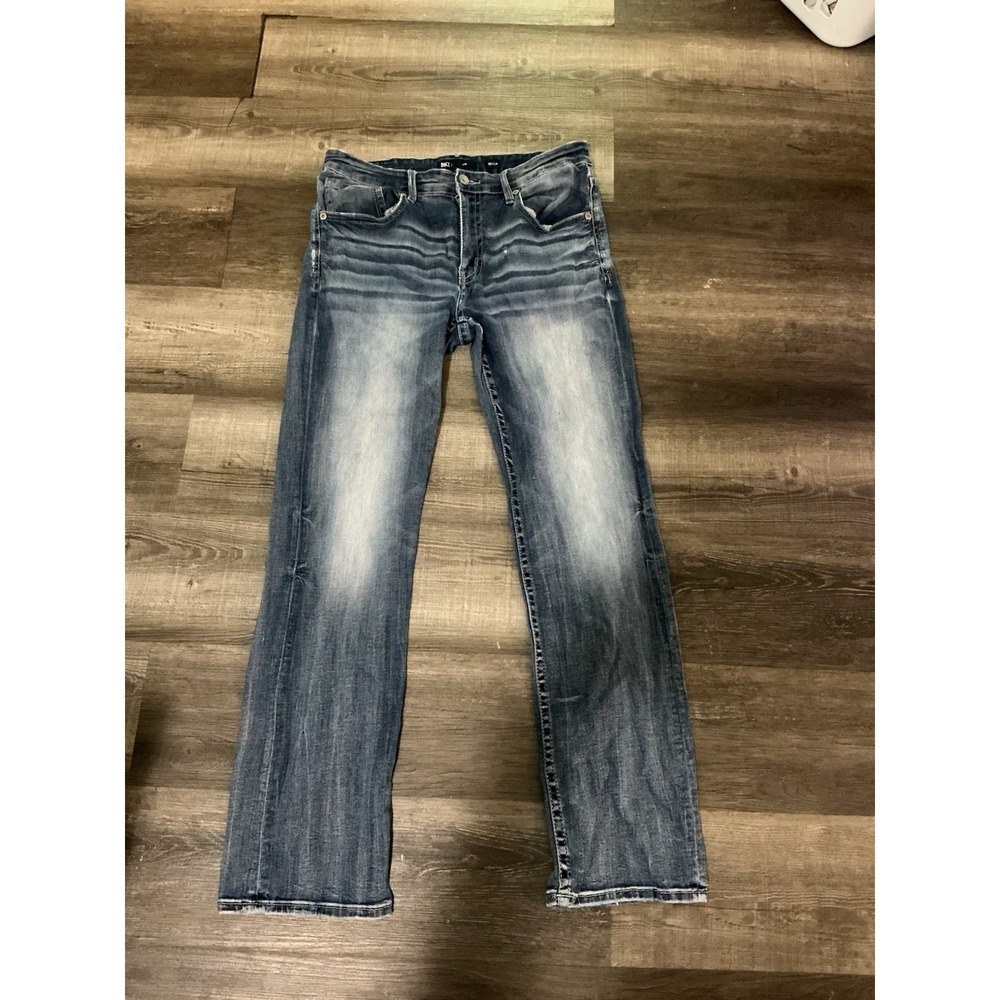 BKE Jake Straight Jeans Mens 36x34 Blue Dark Wash Distressed Stretch Buckle